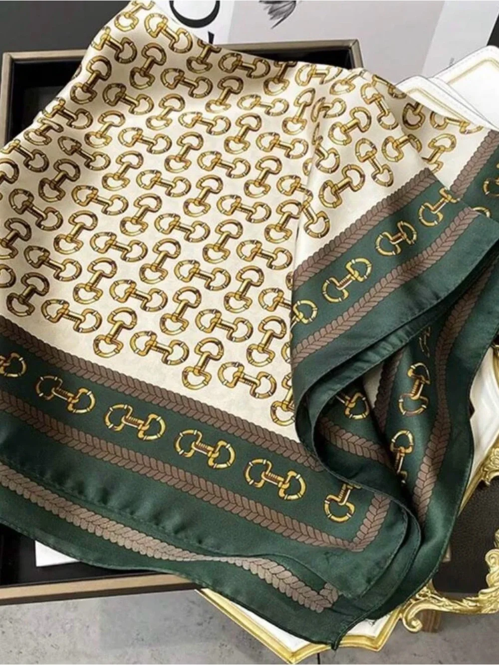 Silk-like Harness pattern Scarf in Emerald & Ivory